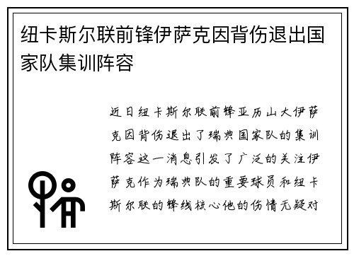 纽卡斯尔联前锋伊萨克因背伤退出国家队集训阵容